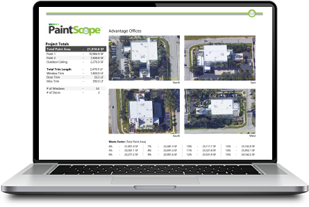 Laptop displaying a PaintScope exterior house painting measurement report, showcasing detailed surface area data for accurate paint estimates and material ordering on paintscope.com